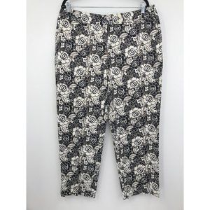 Liz Claiborne Audra Floral Print Crop Sateen Pant Black White Tan 16